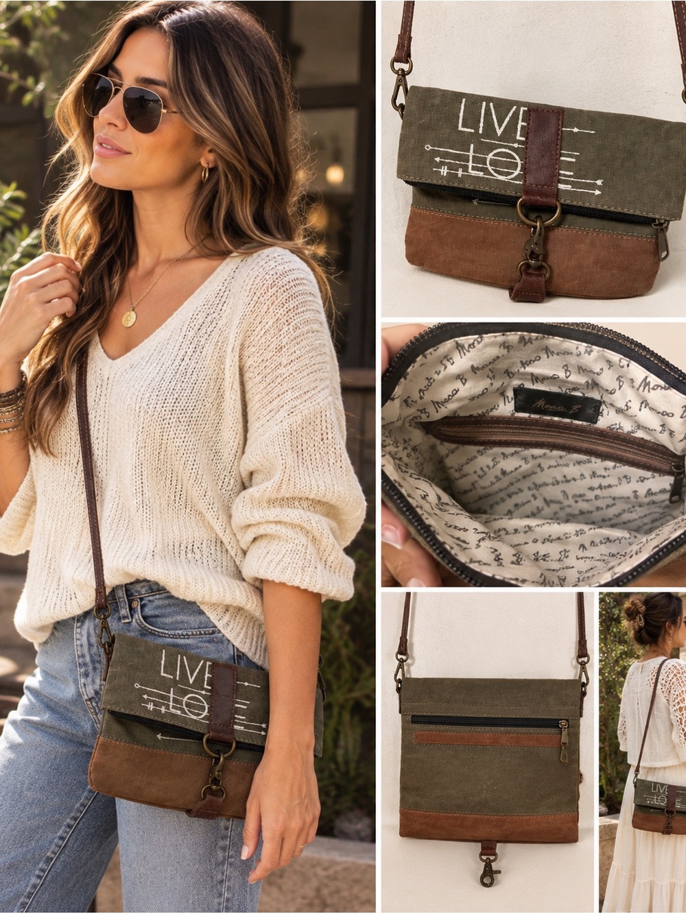 Mona B “Live Love Wander” olive-green canvas crossbody bag